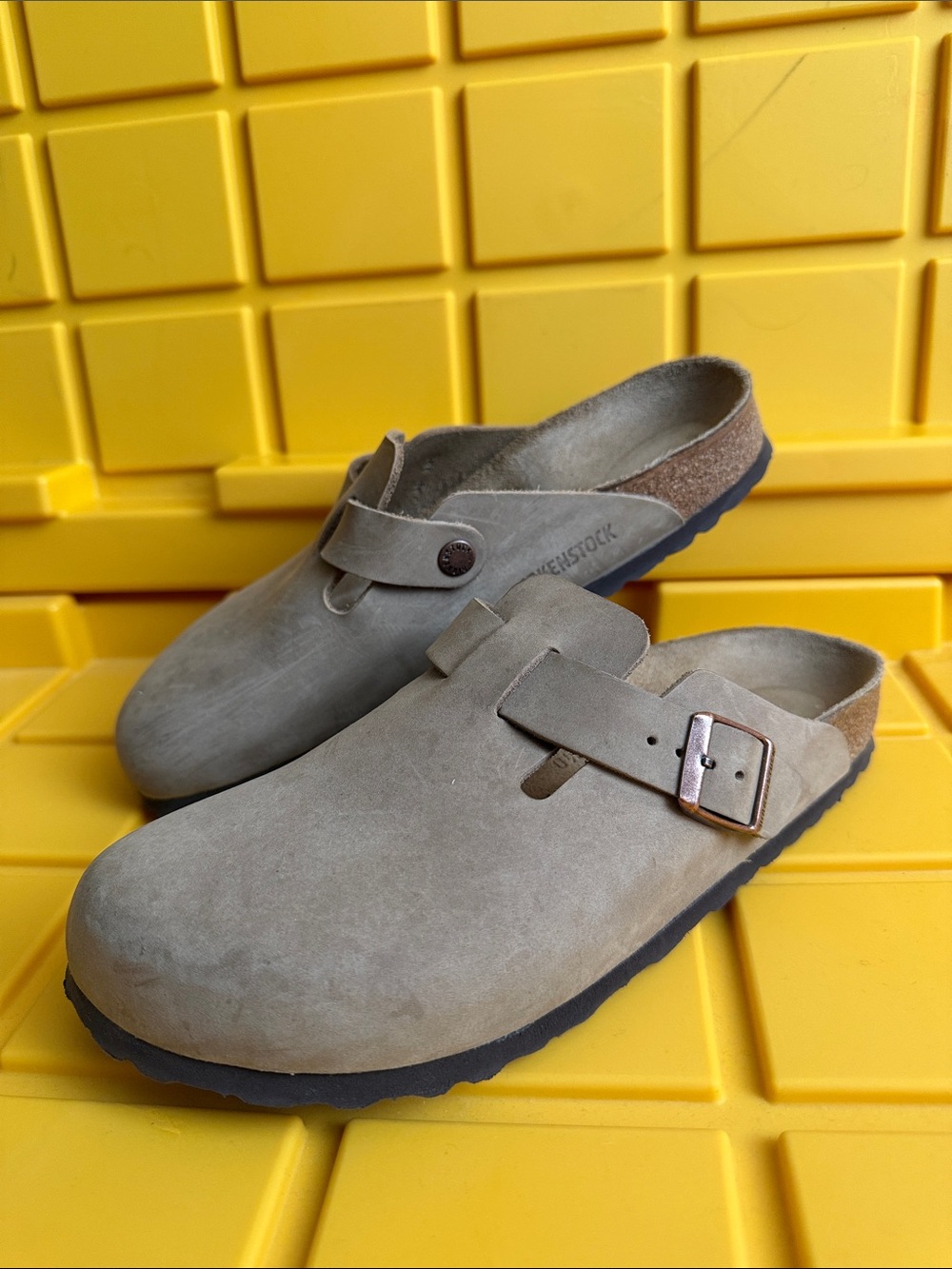 Birkenstock Taupe Suede Clogs with Black Sole Size 40